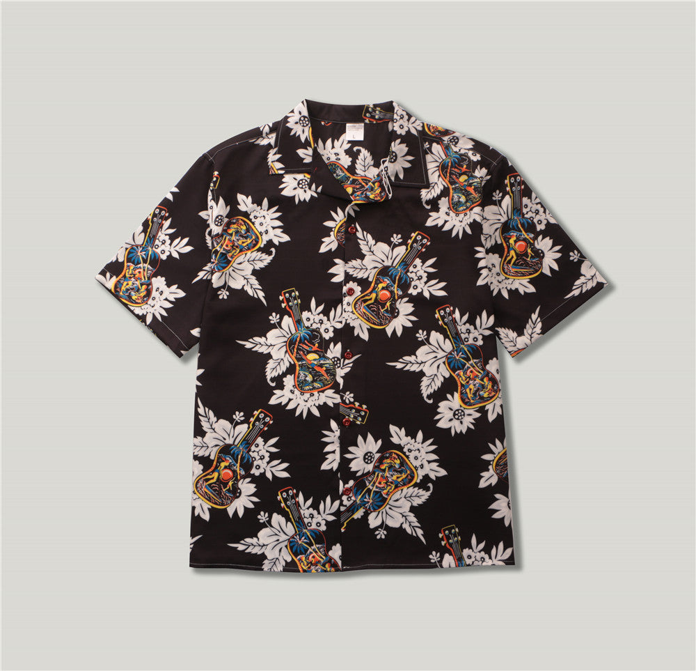 Street Personality Foreign Trade Guitar And Flower Digital Printing Short Sleeved Shirt