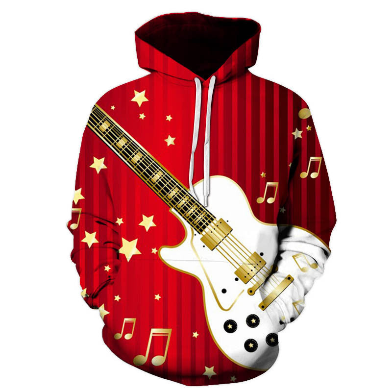 Factory Outlet Cross-border Amazon 3D Digital Printing Guitar Pattern Sweatshirt Men's Loose Hooded Pullover